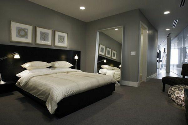 makuuhuoneen väri -ideoita harmaassa sängyssä puun sängyn pääty