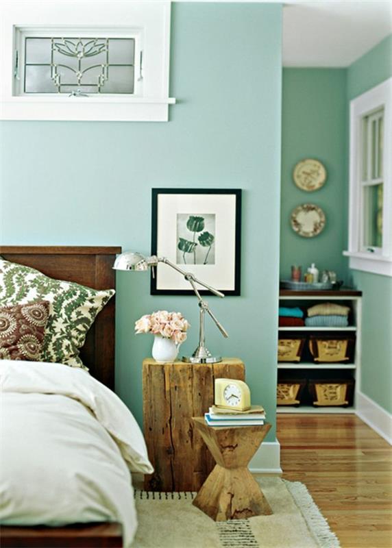 makuuhuoneen väriideat minttu vihreä seinämaali seinäsuunnittelu puukalusteet