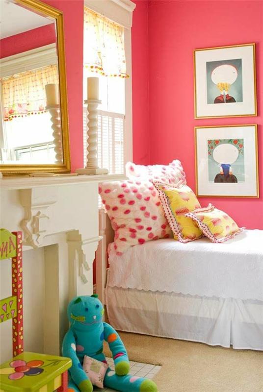 makuuhuoneen suunnittelu väriideat lastenhuone kullanväriset aksentit lohenpunainen seinämaali