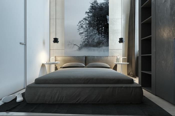 makuuhuoneen harmaa tumma matto tyylikäs sänky riippuvalaisimet