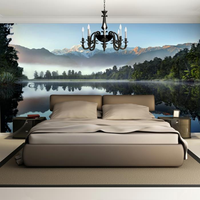 makuuhuoneen idea valokuva tapetti seinän suunnittelu seinäkoriste vuoret järvi