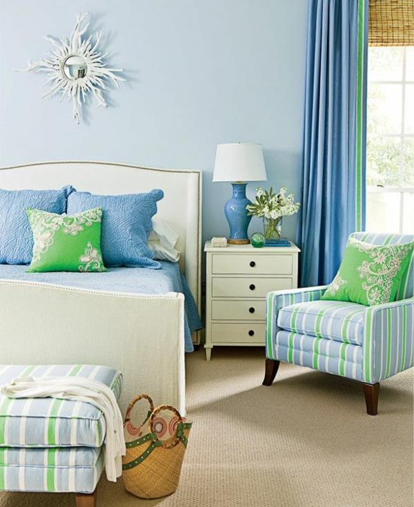 makuuhuoneen ideoita perustaa makuuhuoneen huonekalut vihreä sininen väri
