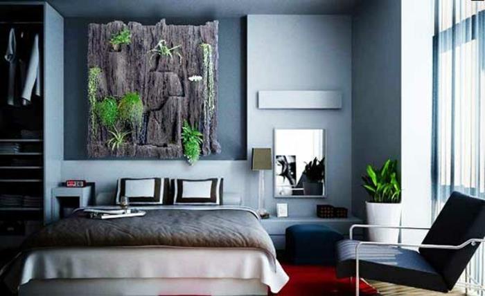 makuuhuoneen ideat harmaa seinäväri pystysuora puutarha puu sisäkasvit seinän suunnittelu