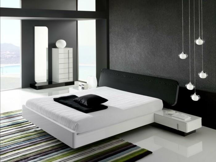 makuuhuoneen ideat mustavalkoiset makuuhuoneen riippuvalaisimet ja raidallinen matto