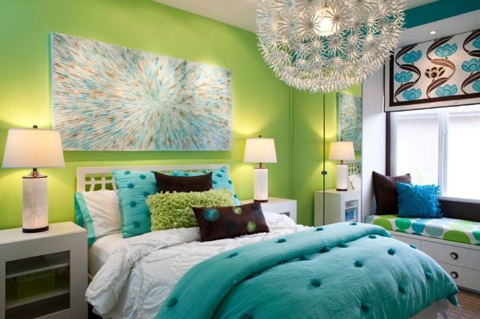 makuuhuoneen ideoita seinäsuunnittelu vihreä valokuvatapetti kauniit vuodevaatteet