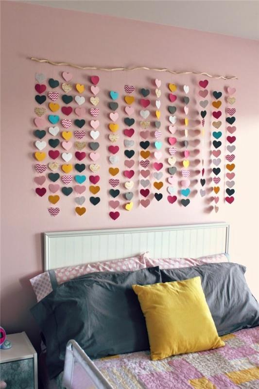 makuuhuoneen ideoita seinän suunnittelu tyttöjen huone sydämet koristelu seppele