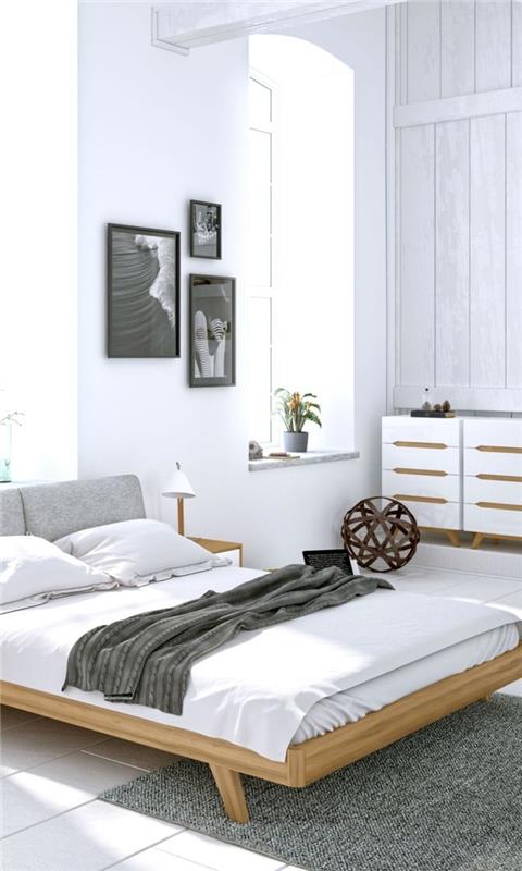 makuuhuoneen ideat valkoiset seinät valkoiset vuodevaatteet harmaa matto