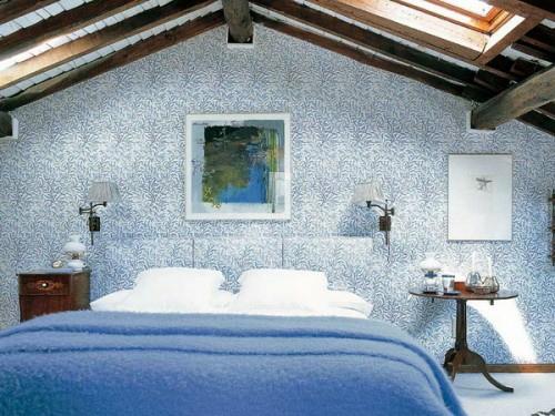 ullakko makuuhuoneen seinän kuvio sininen väri
