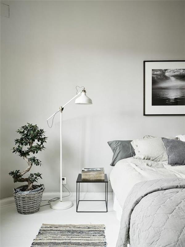 makuuhuoneen lamppu lattiavalaisin matto juoksija valkoinen seinämaali