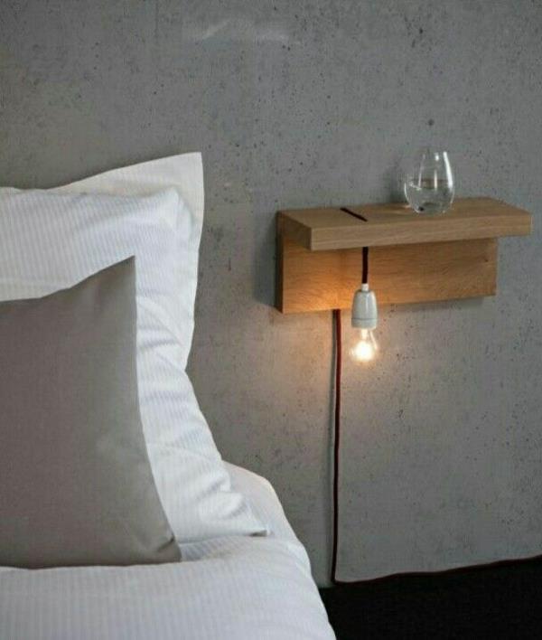 makuuhuone minimalistinen sisustus tyylikäs yöpöytä puu