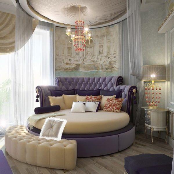 makuuhuone pyöreä sänky beige violetti nahka ylellinen huonehuopa pyöreä