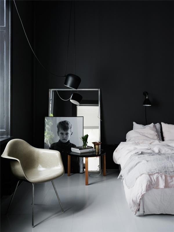makuuhuoneen musta musta seinävalaisin lattiapeili