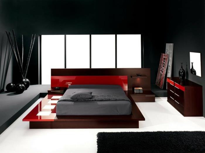 makuuhuone musta valkoinen lattia punainen peilipintojen koristelu