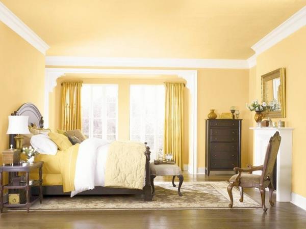 makuuhuoneen seinämaali keltainen väripaletti seinämaaliideoita