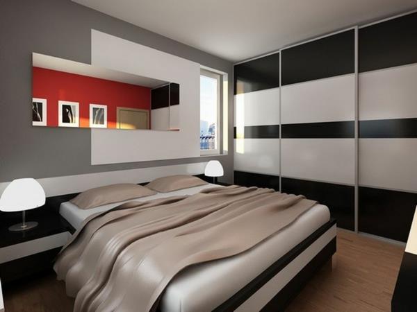 makuuhuoneen seinän väri harmaa mattolattia klassinen väriyhdistelmä väri aksentti punainen