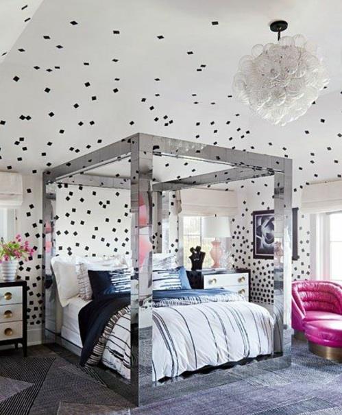 makuuhuoneen seinän suunnittelu seinäkoriste geometrinen kuvio sängynpylväs hopea