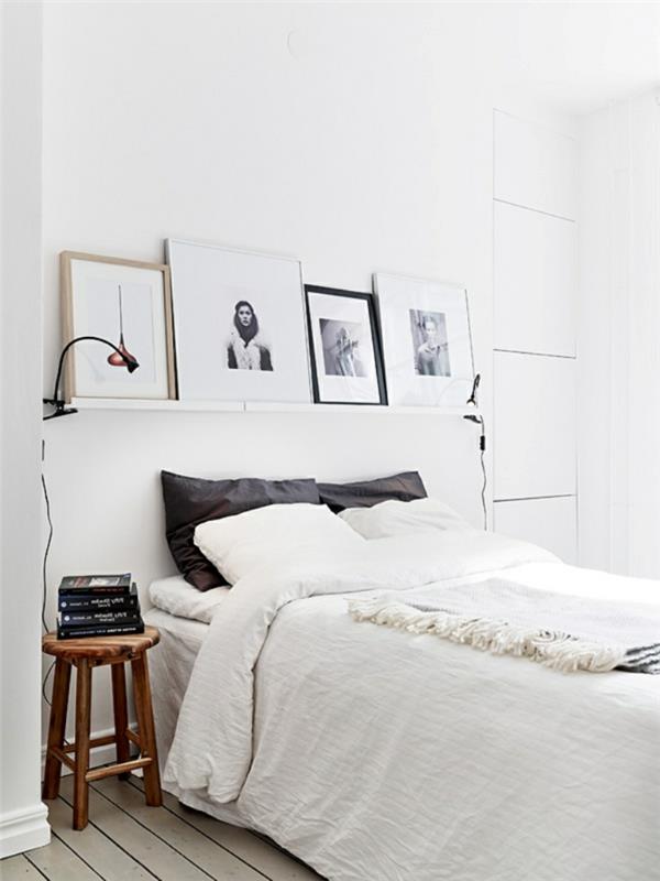 makuuhuone valkoinen scandianvian -tyylinen seinähylly