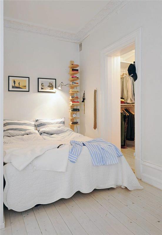 makuuhuone valkoinen skandinaavinen makuuhuone puulattiaseinähyllyt