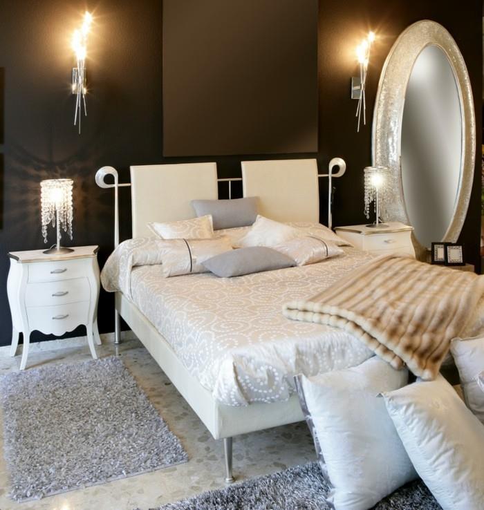 makuuhuoneen suunnittelu tumman seinän väri vaaleanharmaa matot