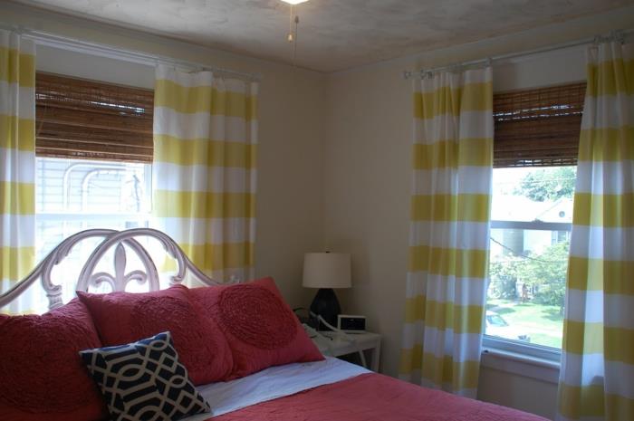 makuuhuoneen muotoiluverhot raidallinen kuvio keltainen valkoinen kaihtimet