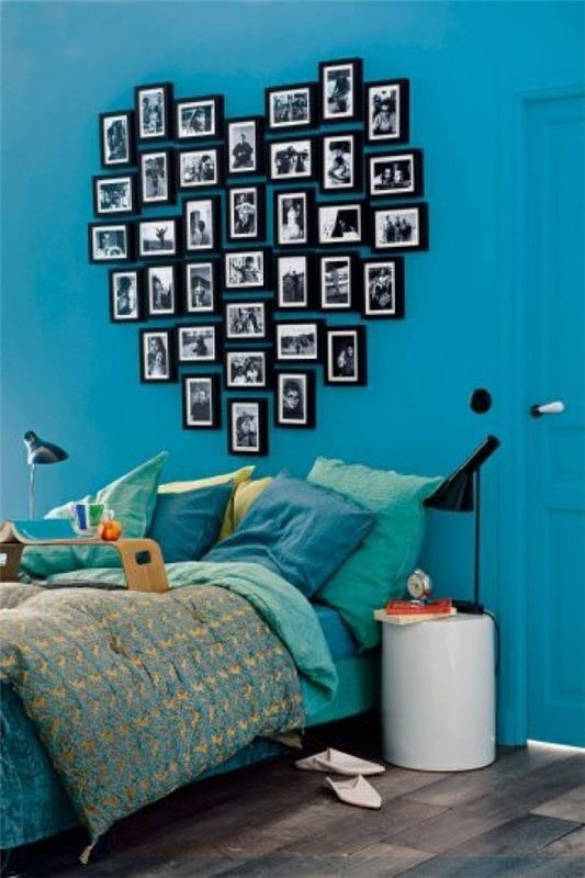 makuuhuoneen suunnitteluideoita sininen seinämaali valokuvakollaasi