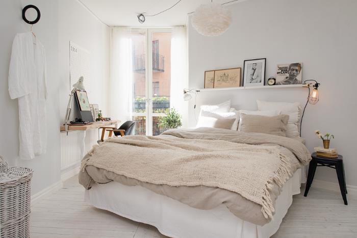 makuuhuone design päiväpeite villa beige valkoinen seinämaali