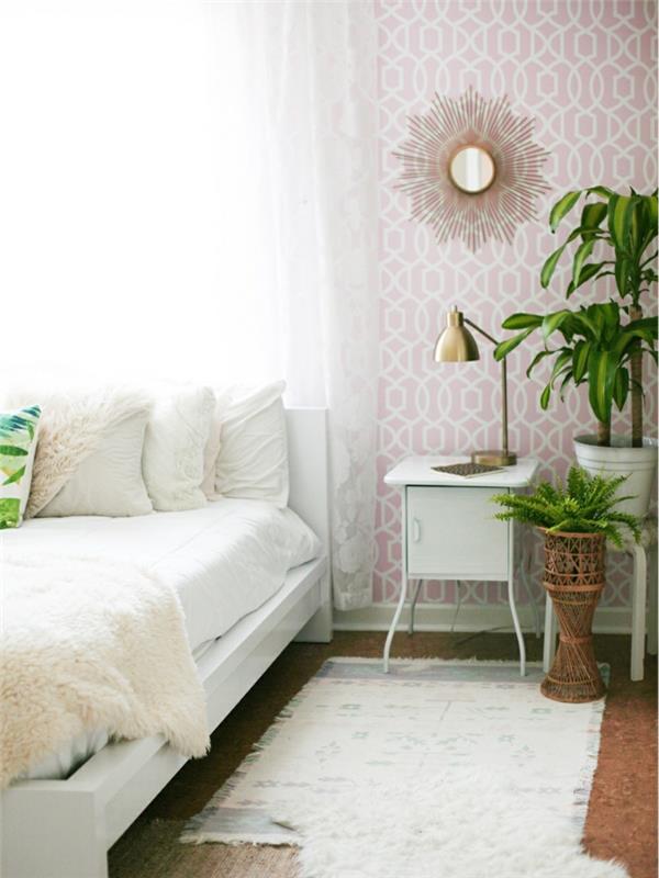 makuuhuoneen seinämaalaus geometrinen kuvio matto juoksijat kasvit deco ideoita
