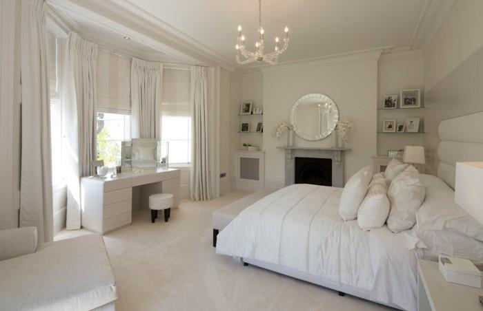 makuuhuoneen suunnittelu valkoinen makuuhuone kokolattiamatto lattiapukeutumispöytä pitkät verhot