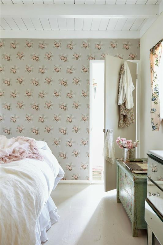 makuuhuoneen suunnittelu seinät suunnitteluideoita kukkakuvio valkoinen vuodevaatteet