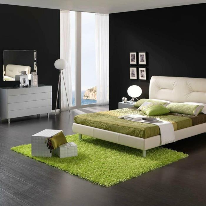 makuuhuoneen huonekalut vihreä matto harmaa lattialaatat lipasto