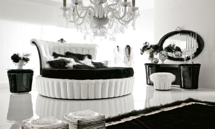 makuuhuoneen huonekalut valkoinen musta sisustus pyöreä sänky