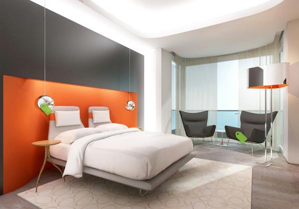 design -sisustusideoita moderni oranssi makuuhuoneen seinä