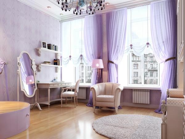 peilipöytä makuuhuone ilmavat verhot vaalean violetti pyöreä matto