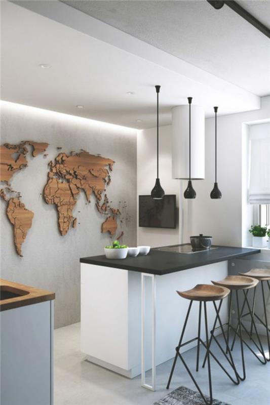 kauniit keittiöt keittiöideat moderni keittiö betoniseinä maailmankartta puu