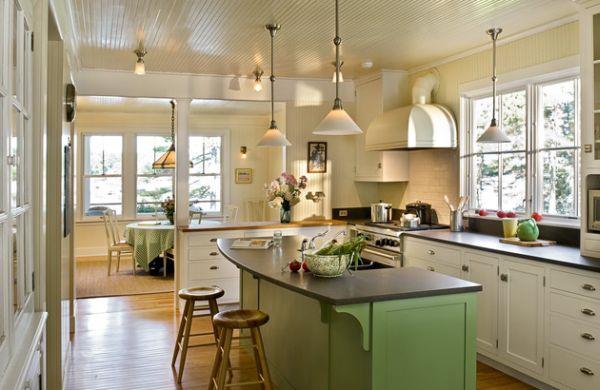 kauniit viileät riippuvalaisimet keittiössä keittiösaari viehätys vihreä
