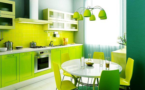 kauniit keittiöt väripaletti valkoinen vihreä kirkkaat vivahteet ruokapöytä