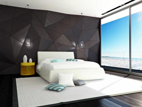 makuuhuoneen suunnitteluideoita tumman seinän suunnittelu valkoinen matto