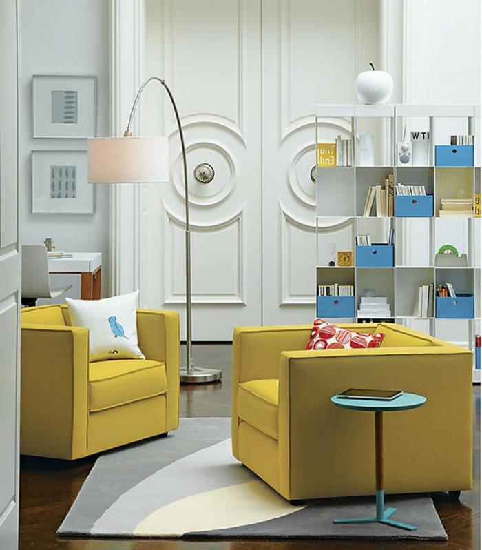 kaunis nojatuoli keltainen olohuone sisustus sivupöytä