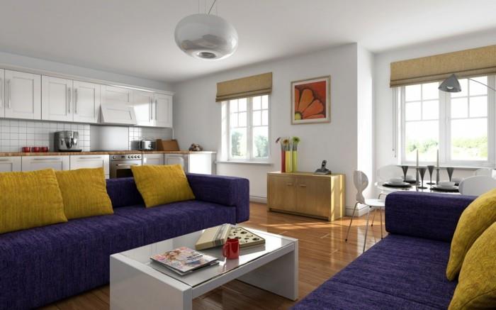 kauniit sohvat violetit sohvat keltaiset heittotyynyt valkoinen sohvapöytä