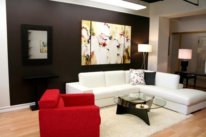 kauniit sohvat olohuoneen sisustus kulmasohva valkoinen punainen nojatuoli