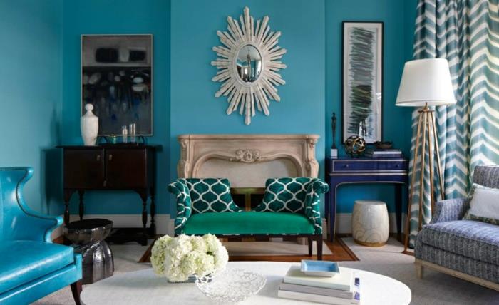 kaunis seinäväri turkoosi sininen olohuoneen seinän väritrendit