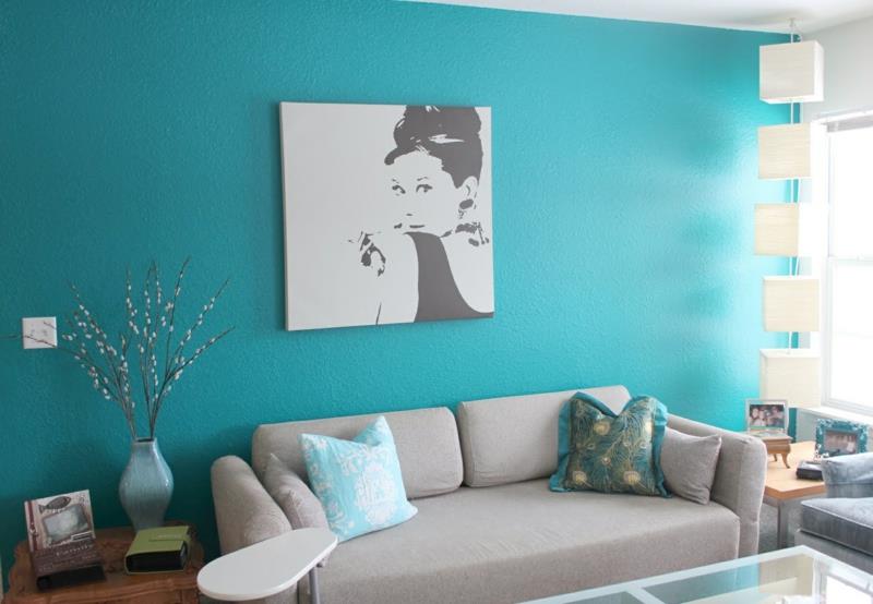 kaunis seinän väri turkoosi sininen olohuoneen seinän värit trendit audrey hepburn