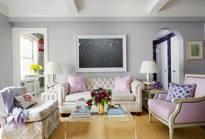 kauniita seinämaaliideoita olohuoneen seinämaali violetti harmaa