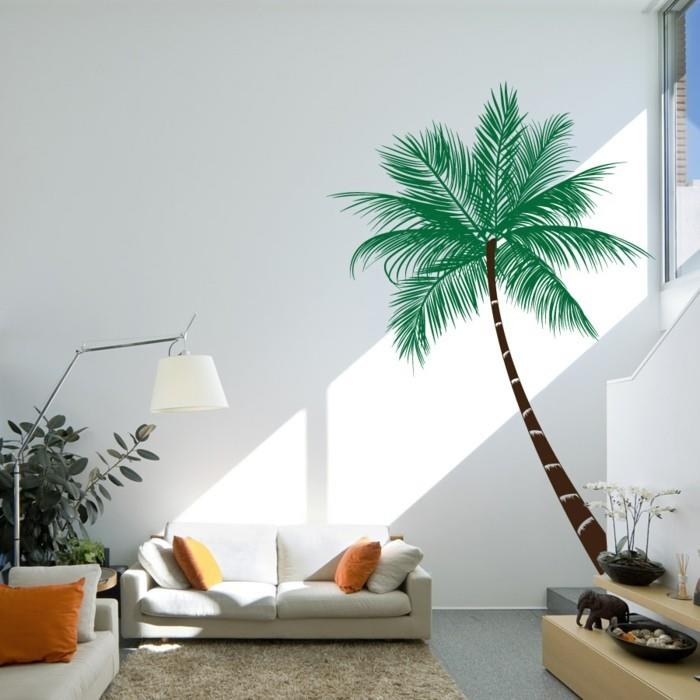 kauniit seinätarrat palmu olohuone deco ideoita oranssi aksentti