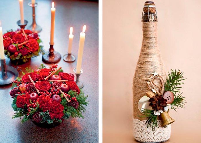 kauniita joulupöydän sisustusideoita kukilla, hedelmillä ja pullolla