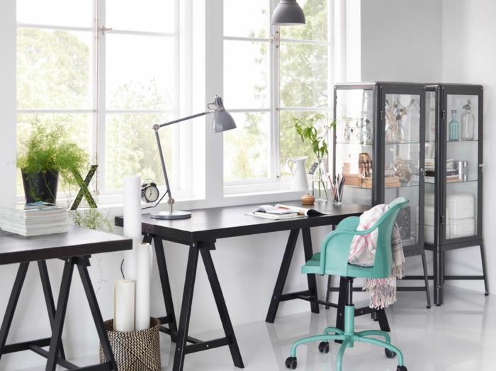 kauniita eläviä ideoita kotitoimisto ikea vihreä työtuoli pyörät kasvi