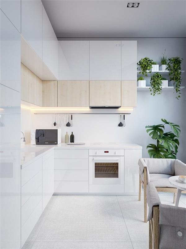 kauniita eläviä ideoita valkoinen keittiö minimalistiseen tyyliin vihreillä kasveilla