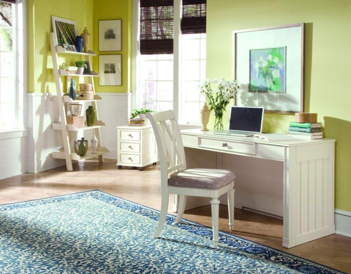 kauniita eläviä ideoita valkoinen työpöytä vihreä seinämaali sininen matto