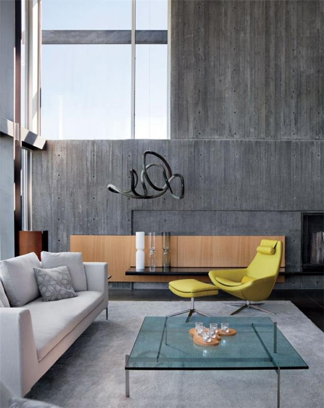 kauniita eläviä ideoita olohuone betoniseinä lasi sohvapöytä vaaleanharmaa matto