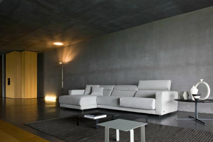 kauniita eläviä ideoita olohuone tilava betoninen ulkoasu seinän suunnittelu matto valot
